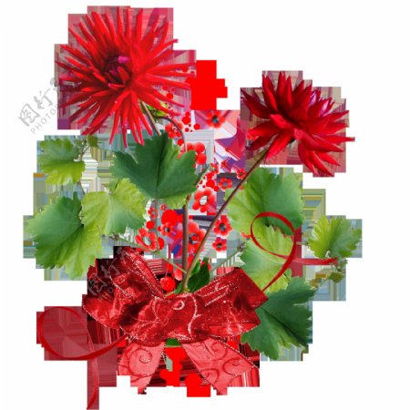 红色丝带捆扎的花朵png元素素材