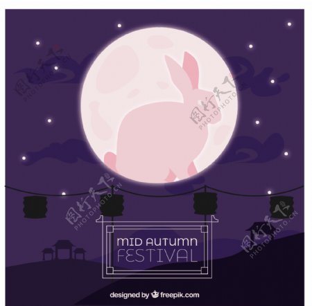 中秋节粉红色的月亮和兔子的场景