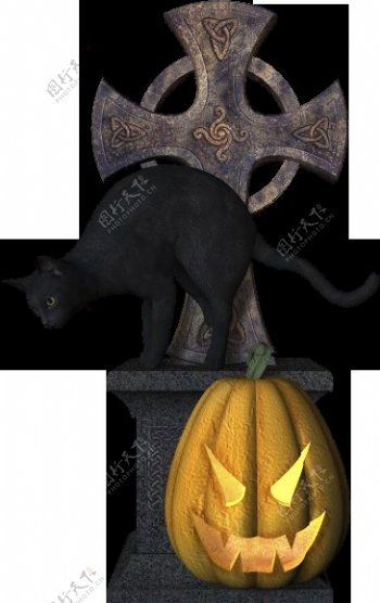 墓碑上的黑猫南瓜灯元素