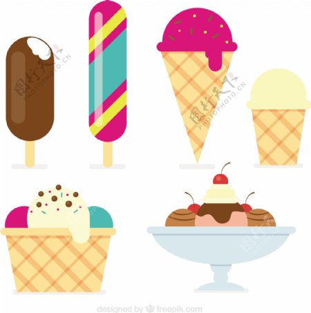 不同种类的冰淇淋平板集