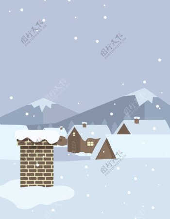 湖边房子卡通冬季海报背景素材