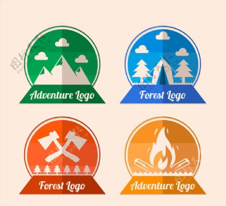 4款彩色森林探险标志矢量素材