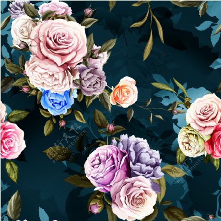 复古蓝色手绘多彩花束背景
