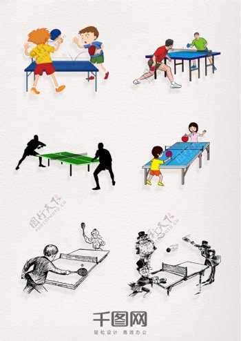 打乒乓球人物漫画手绘元素图案