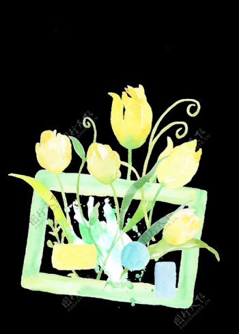 黄色花卉水彩手绘透明素材