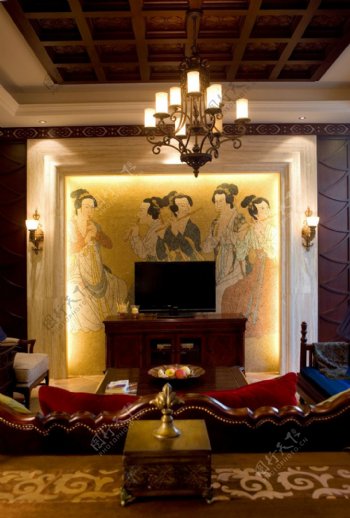中式雅致仕女画背景墙室内装修效果图