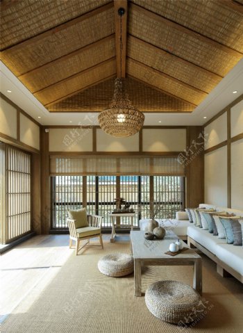 素雅原木质感中式风格客厅榻榻米效果图