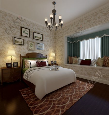 美式清新卧室圆环图案地毯室内装修效果图