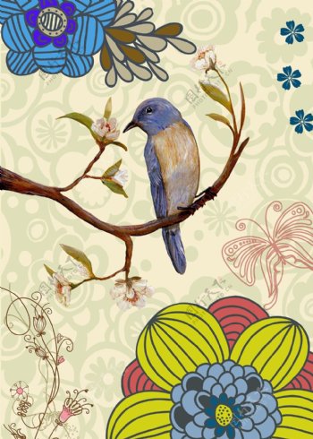 手绘彩绘小鸟站立枝头树梢花朵装饰画