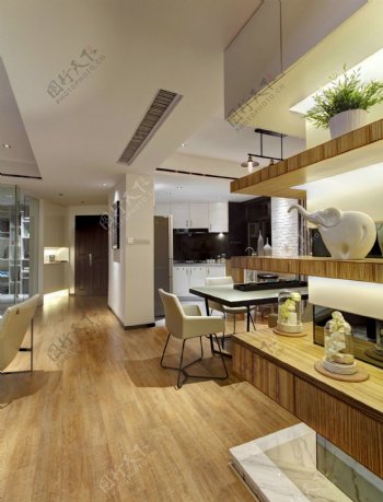现代简约客厅木制展示架室内装修效果图