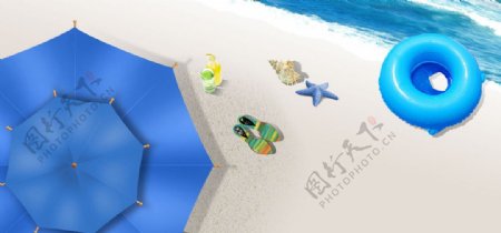 蓝色雨伞游泳圈banner背景素材