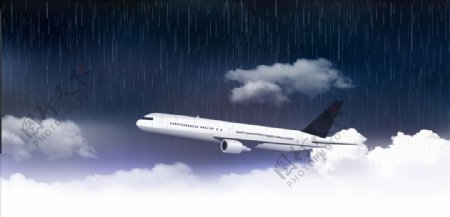 雨天云层中飞行的飞机矢量图