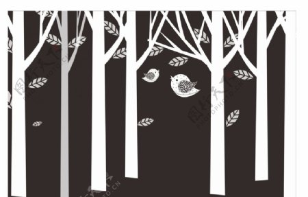 树木小鸟装饰画