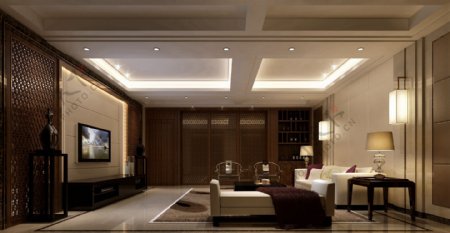 中式典雅客厅浅色电视背景墙室内装修效果图