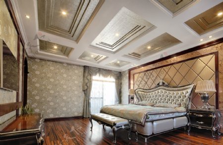 现代时尚卧室灰色花纹背景墙室内装修效果图