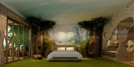 现代森系卧室大树装饰室内装修效果图