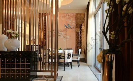中式时尚室内客厅餐厅背景墙效果图