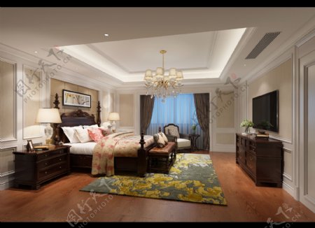 美式清新卧室黄色花朵地毯室内装修效果图
