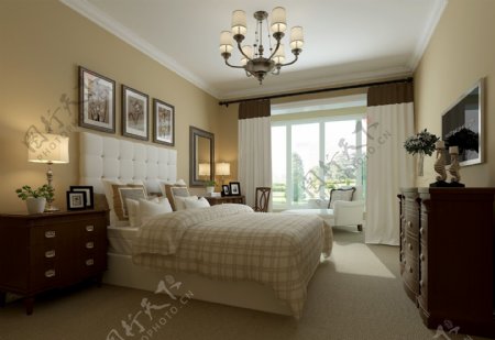 美式清新温婉白色格子床品卧室室内装修图