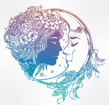 美丽女子和月亮头像矢量素材