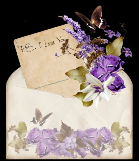 手绘复古花卉信封png透明素材