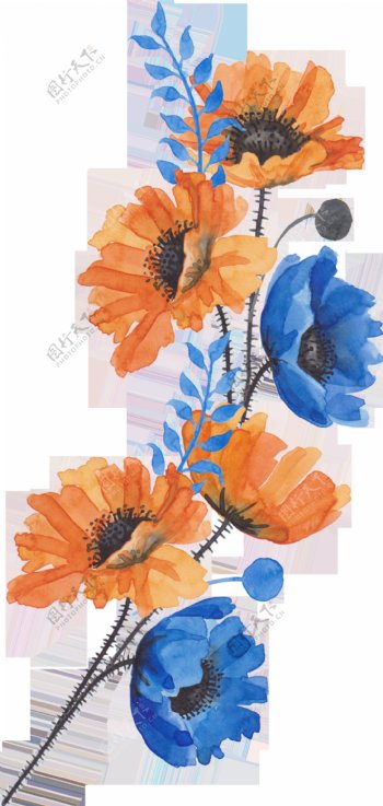 橙蓝花叶卡通透明装饰素材