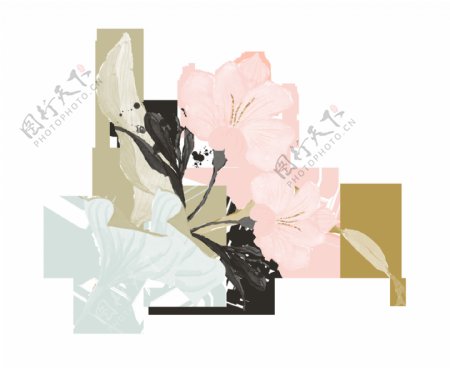 传统水墨精美花卉卡通水彩透明素材