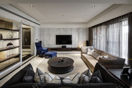 现代精致客厅深褐色圆茶几室内装修效果图