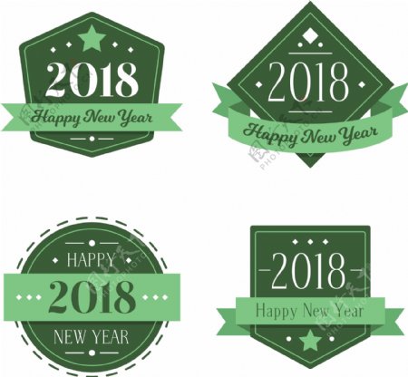 2018绿色新年快乐标签设计