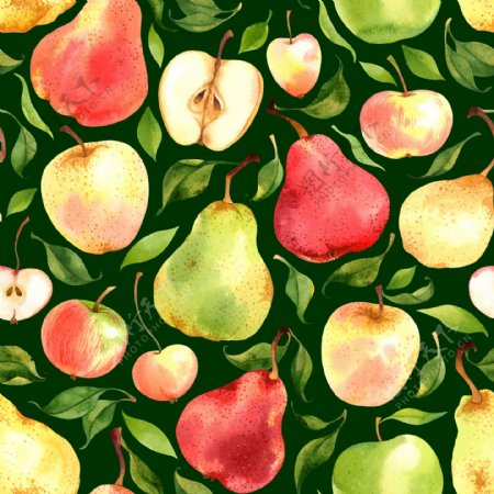 清新水彩绘苹果和梨子背景