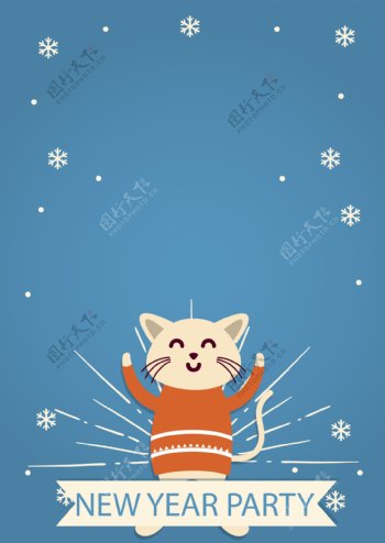 蓝色下雪小猫海报背景素材
