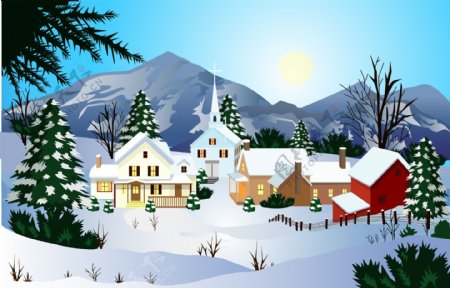 矢量圣诞节手绘村庄雪景背景素材