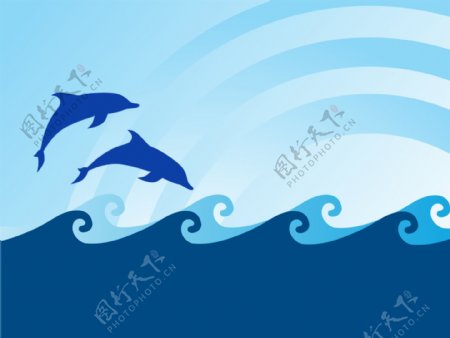 矢量大海海豚浪花