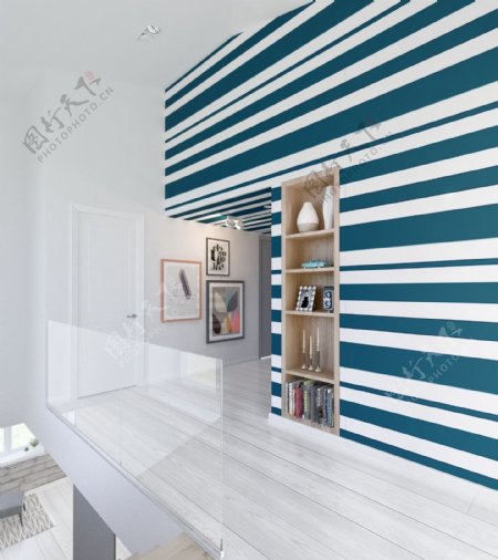 现代时尚客厅白蓝条纹背景墙室内装修效果图
