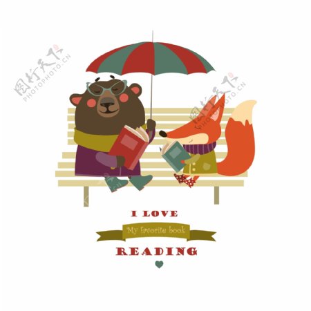 可爱的狐狸和滑稽的熊在长凳上看书