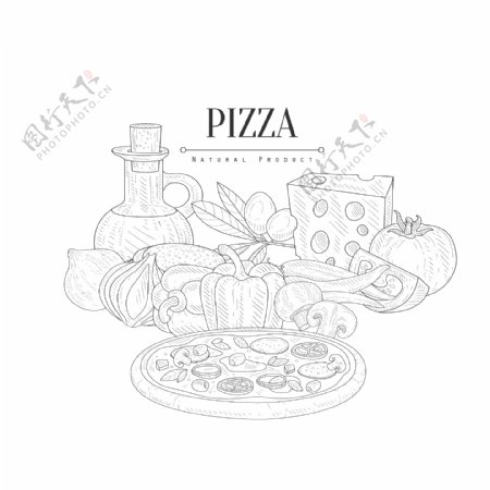 黑白手绘线条披萨和食材插画