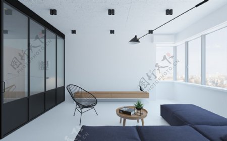 现代时尚极简客厅墨蓝色沙发室内装修效果图