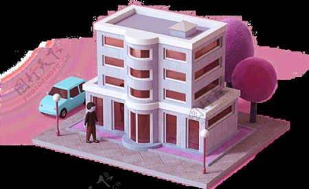 粉色多层建筑场景图案