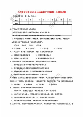 中考专区思想品德山西省忻州市九年级政治下学期第一次模拟试题