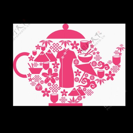 创意粉色茶壶png元素