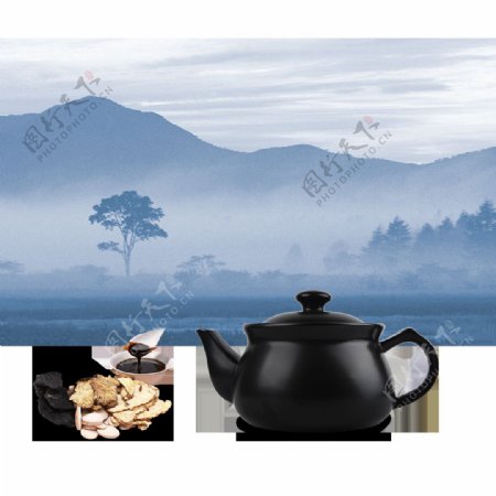 中国风茶壶水墨山水装饰元素