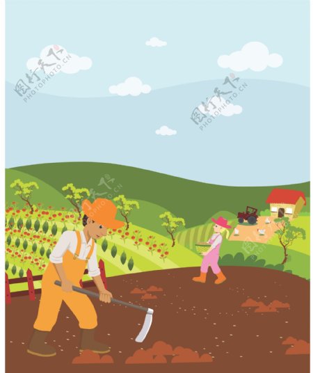 劳动节卡通插画农村景观海报背景