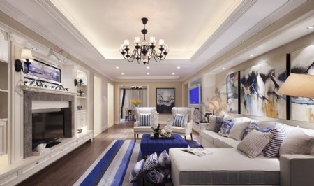 欧式客厅蓝色条纹地毯装修效果图
