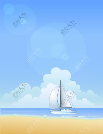 蓝天白云沙滩海洋帆船矢量素材