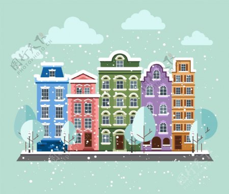 冬天风雪里的建筑插画