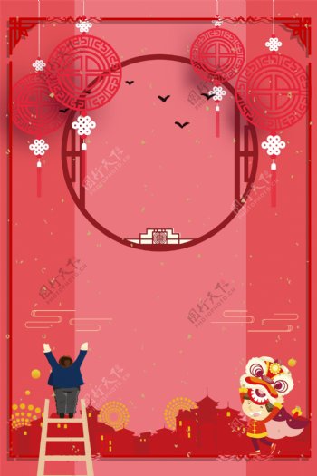 红色中国年舞狮子广告背景