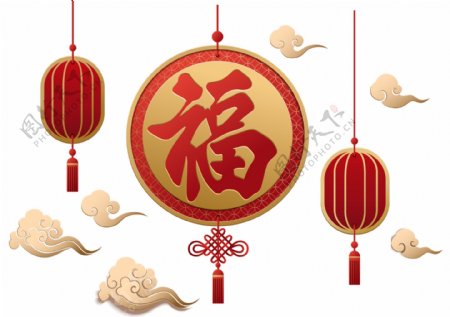 中国风新年红色福字灯笼祥云装饰图案