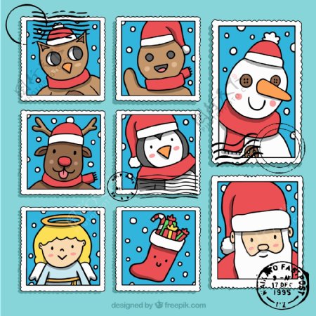 8款彩绘圣诞节邮票矢量素材