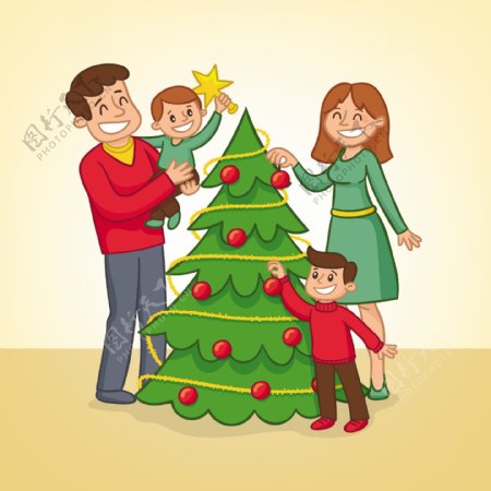 装饰圣诞树的家庭元素