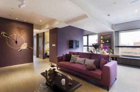 简约客厅紫色沙发装修效果图